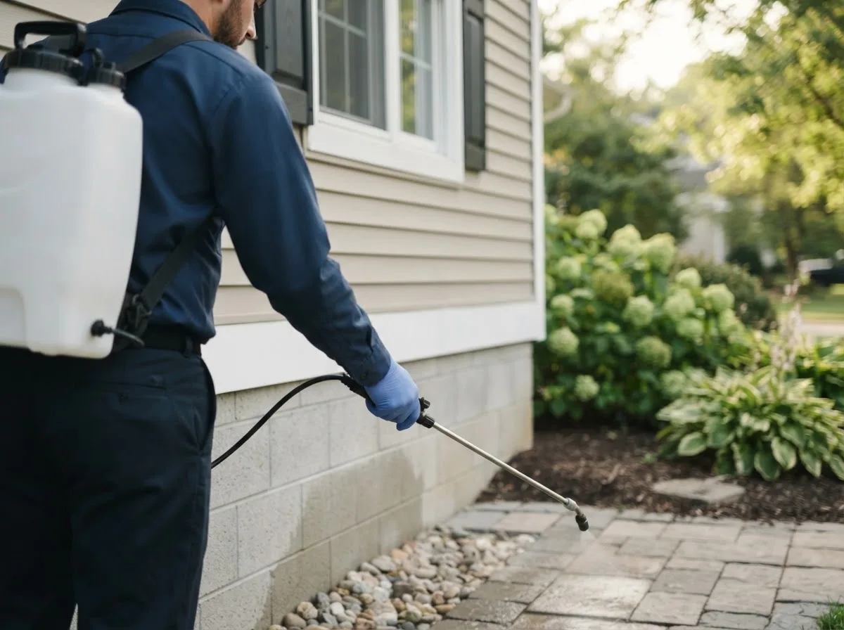 Pest control technician inspecting a home in Midland City, AL